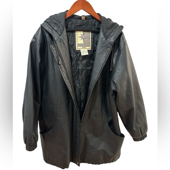 90s MIDDLEBROOK PARK HOODED BLACK LEATHER JACKET OVERSIZED GOTH ROCKABILLY SZ L - Picture 3 of 9